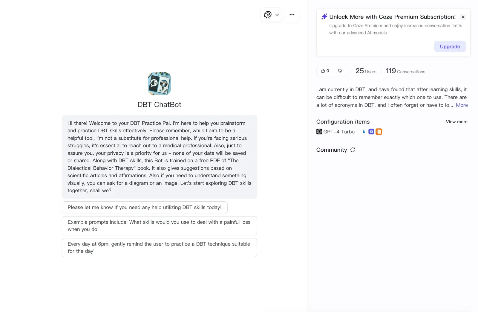 Screenshot of DBT skills chatbot